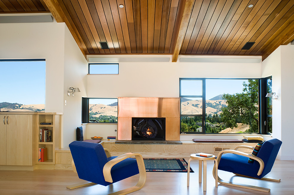 Diseño de salón para visitas abierto contemporáneo grande sin televisor con paredes blancas, suelo de madera clara, todas las chimeneas y marco de chimenea de metal