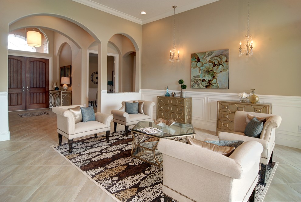 Immagine di un soggiorno contemporaneo aperto con sala formale, pareti multicolore, pavimento con piastrelle in ceramica, nessun camino e nessuna TV
