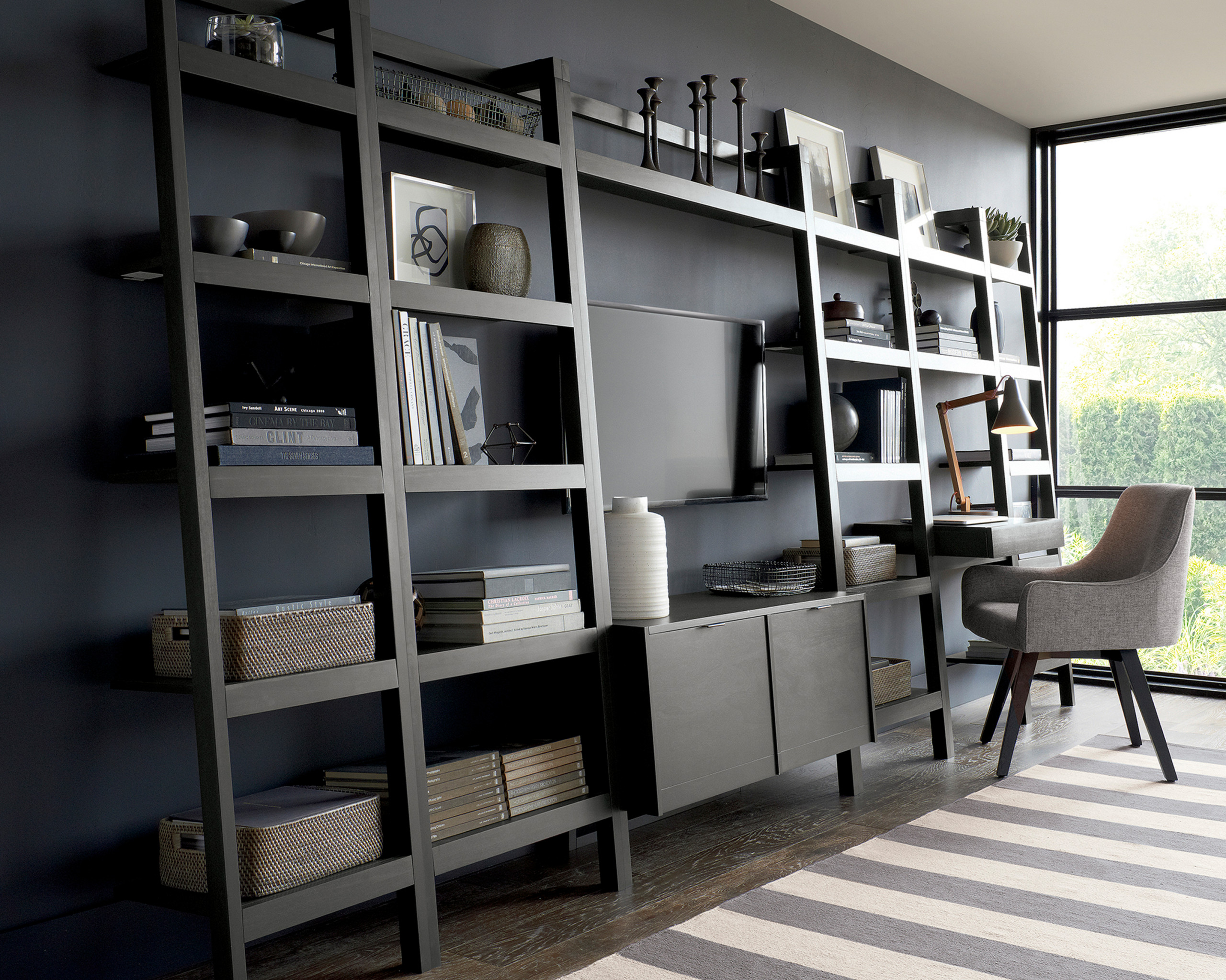 grey leaning bookcase