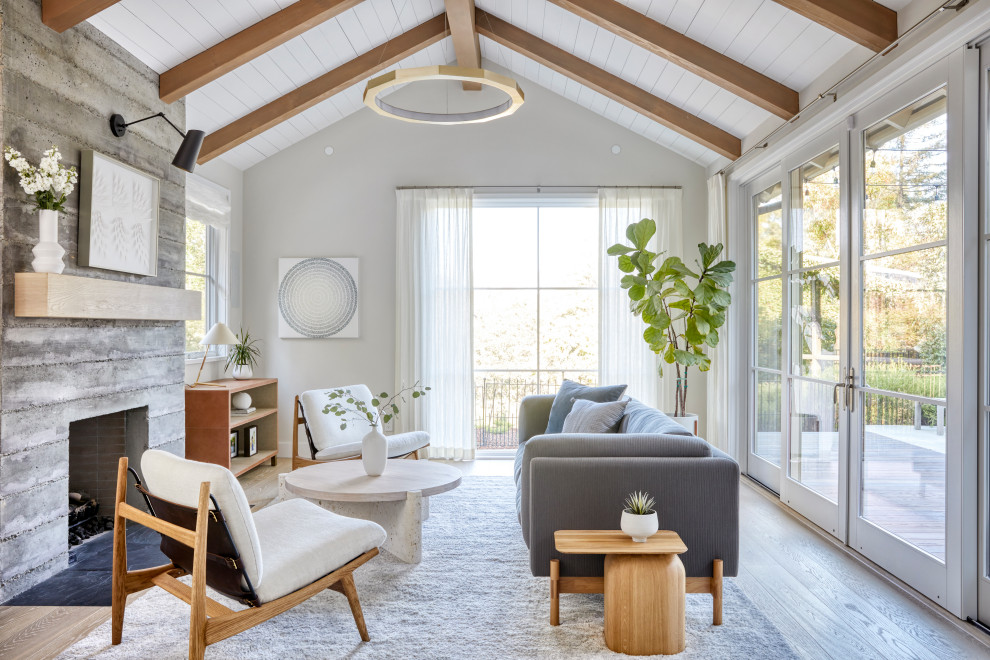 This is an example of a scandinavian living room in San Francisco with grey walls, medium hardwood flooring, a standard fireplace, a concrete fireplace surround, brown floors, exposed beams, a timber clad ceiling and a vaulted ceiling.