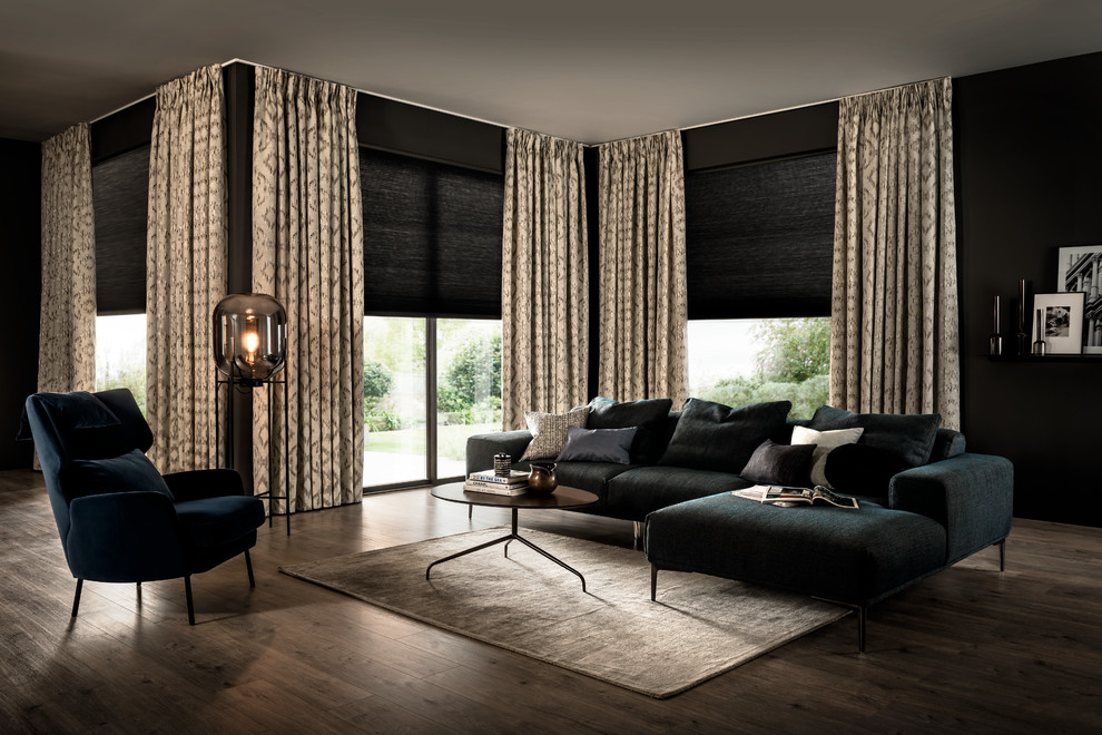 Medium sized scandinavian formal open plan living room in Other with grey walls, medium hardwood flooring and grey floors.