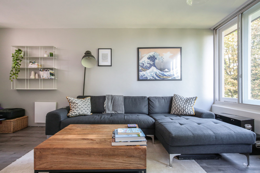 Idee per un piccolo soggiorno nordico aperto con pareti grigie, pavimento in laminato e pavimento grigio