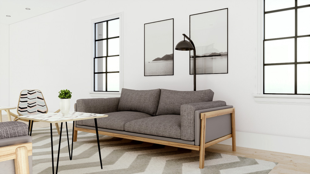 Inspiration för mellanstora minimalistiska separata vardagsrum, med ett bibliotek, vita väggar, ljust trägolv, en hängande öppen spis, en väggmonterad TV och beiget golv