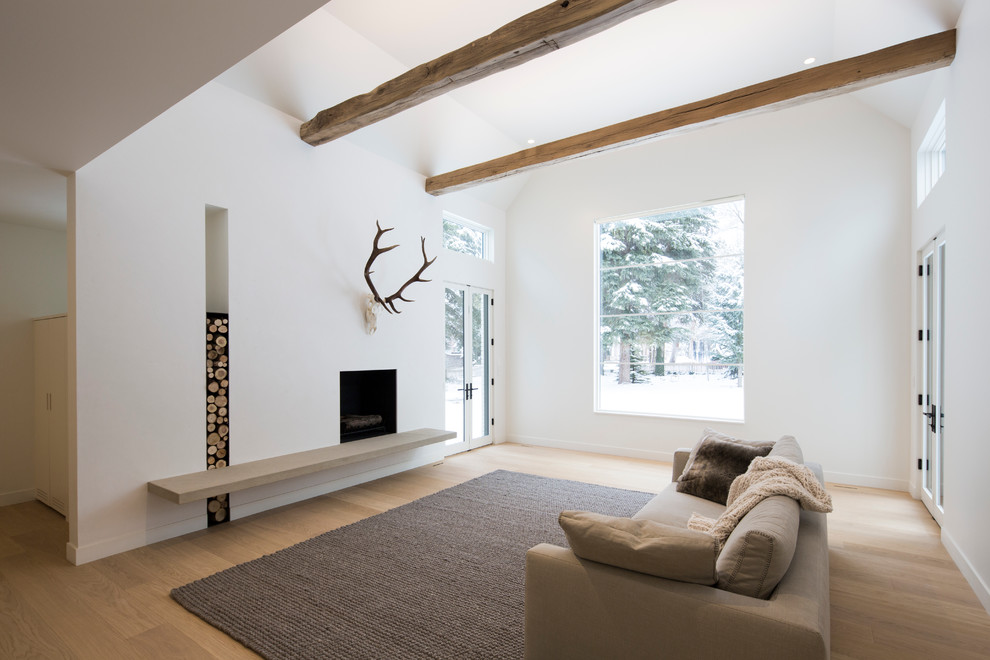 Immagine di un soggiorno nordico con sala formale, pareti bianche, parquet chiaro, camino classico e tappeto