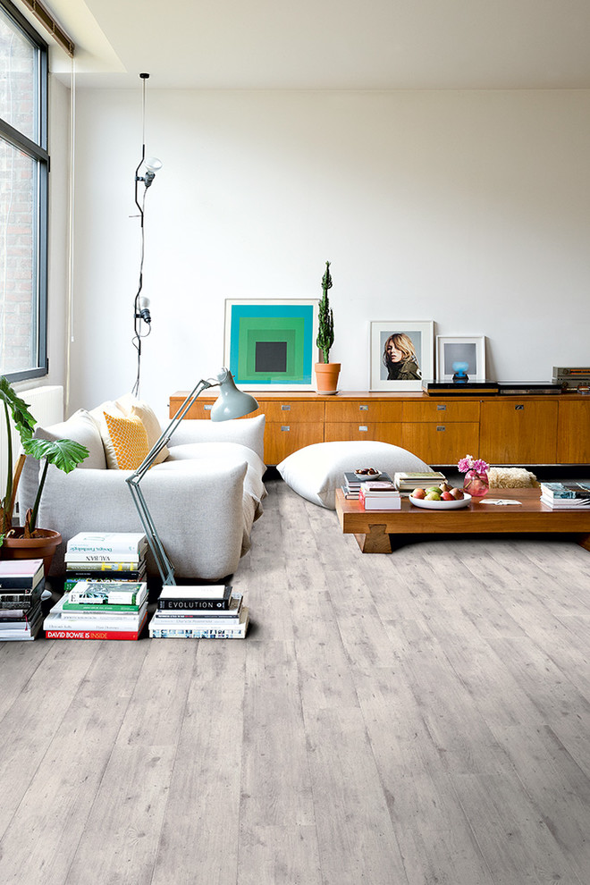 Immagine di un soggiorno nordico di medie dimensioni e aperto con pareti bianche, pavimento in laminato e pavimento grigio