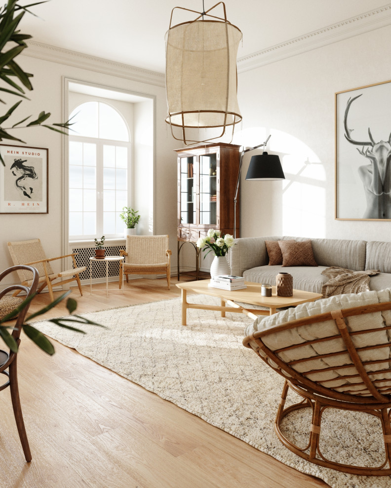Diseño de salón abierto nórdico con paredes blancas, suelo de madera clara y suelo beige