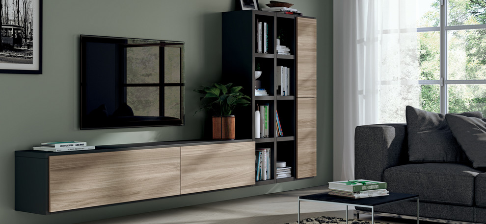 Esempio di un piccolo soggiorno minimalista con pareti verdi, pavimento in cemento e TV a parete