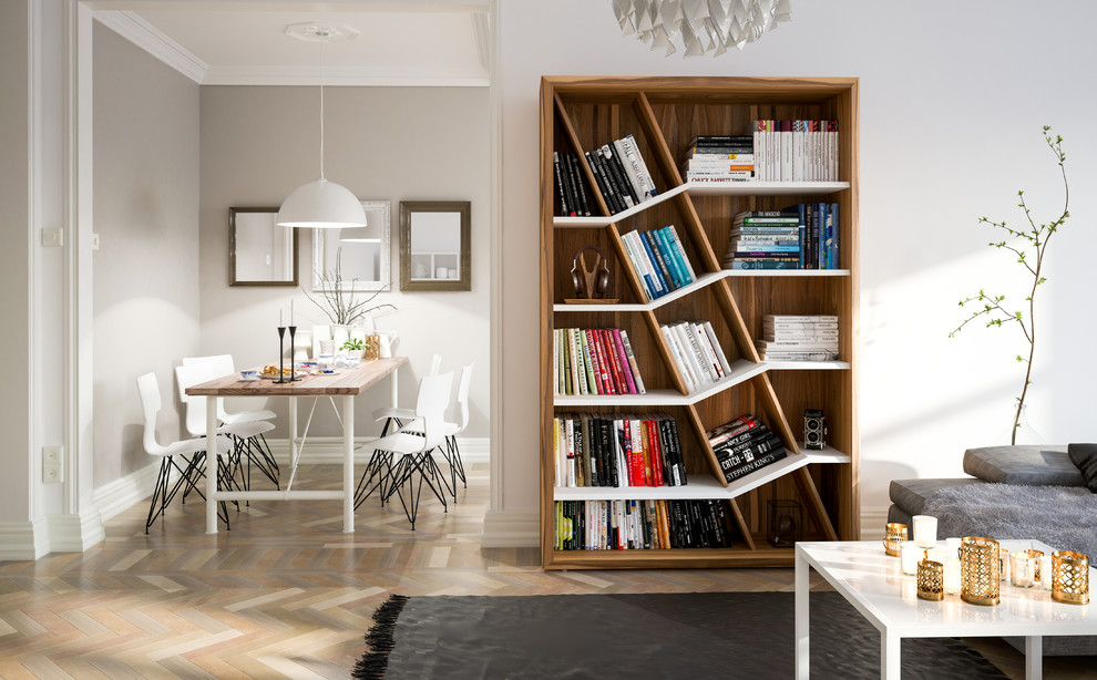Идея дизайна: изолированная гостиная комната среднего размера в скандинавском стиле с с книжными шкафами и полками, серыми стенами и светлым паркетным полом без камина, телевизора