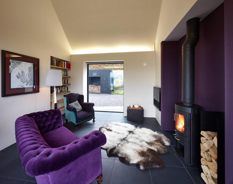 Источник вдохновения для домашнего уюта: гостиная комната среднего размера в современном стиле с фиолетовыми стенами и телевизором на стене