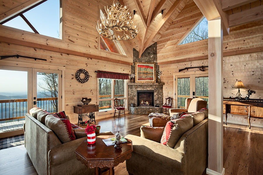 Large rustic open plan living room in Charlotte.
