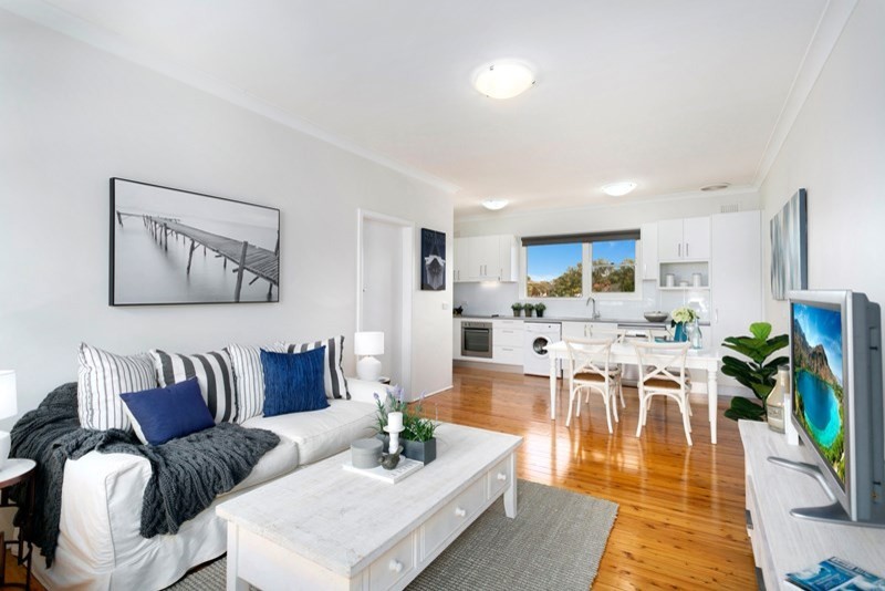 This is an example of a medium sized contemporary open plan living room in Sydney with white walls, light hardwood flooring, no fireplace and a freestanding tv.