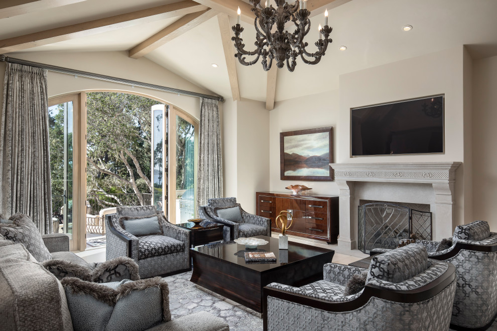 Example of a transitional enclosed beige floor and exposed beam living room design in San Luis Obispo with white walls, a standard fireplace and a media wall