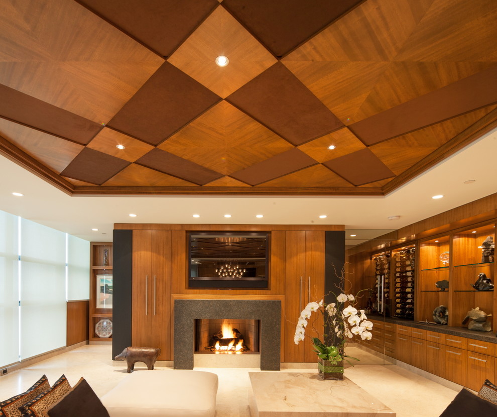 Modernes Wohnzimmer mit Teppichboden und Multimediawand in Vancouver