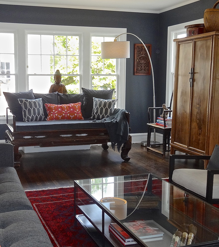 Eclectic dark wood floor living room photo in Seattle with gray walls