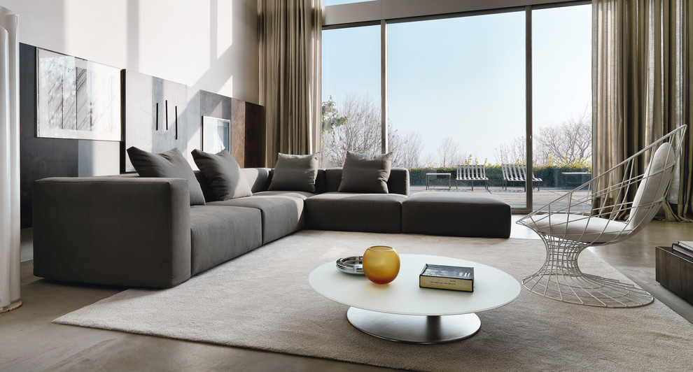 Photo of a large contemporary formal open plan living room in Miami with white walls and carpet.