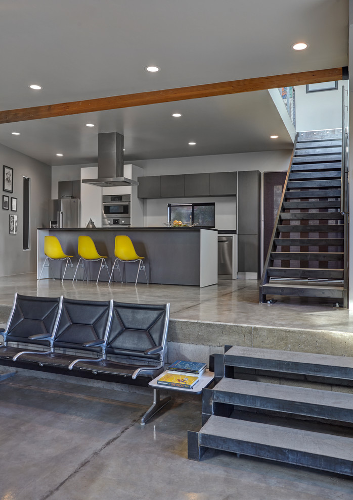Foto di un piccolo soggiorno minimalista aperto con pareti grigie, pavimento in cemento e pavimento grigio