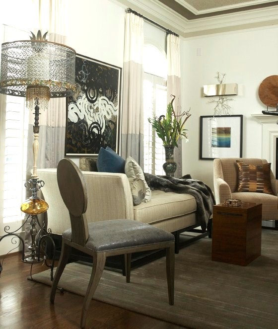 Inspiration for a mid-sized eclectic open concept dark wood floor living room remodel in Atlanta with white walls, a standard fireplace and a plaster fireplace