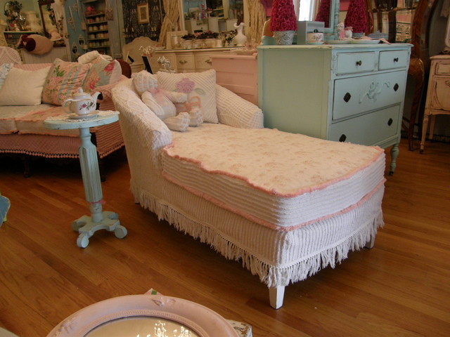 shabby chic chaise lounge slip covered with vintage chenille and roses  fabrics - Living Room - New York - by Donna Thomas Vintage Chic Furniture |  Houzz