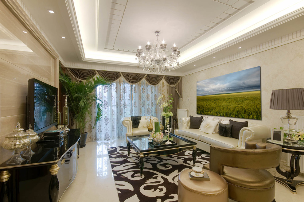Пример оригинального дизайна: большая парадная гостиная комната в стиле шебби-шик с мраморным полом и телевизором на стене
