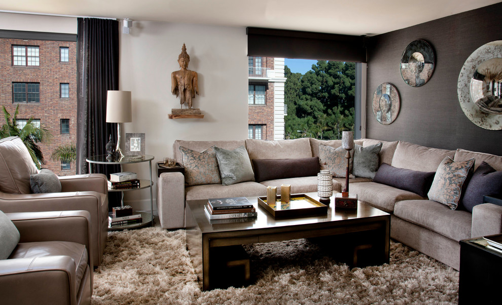 World-inspired formal living room curtain in San Diego with grey walls.