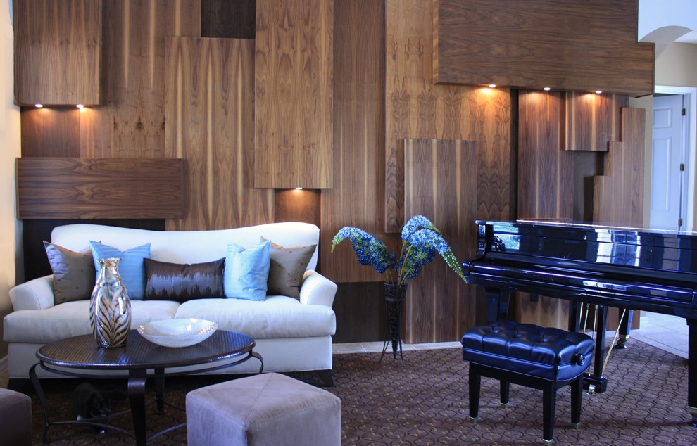 Источник вдохновения для домашнего уюта: гостиная комната в современном стиле с музыкальной комнатой