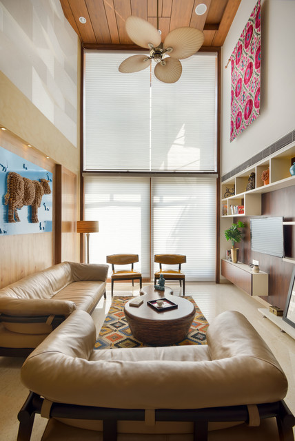 double-height living room 
