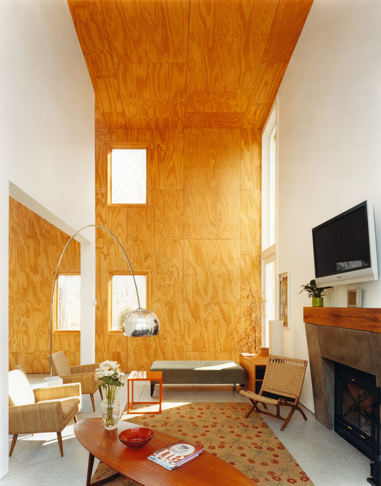 Immagine di un soggiorno minimalista con cornice del camino in cemento e pavimento in cemento