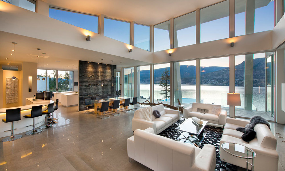 Идея дизайна: открытая, парадная гостиная комната среднего размера в современном стиле с серыми стенами и бетонным полом без камина, телевизора