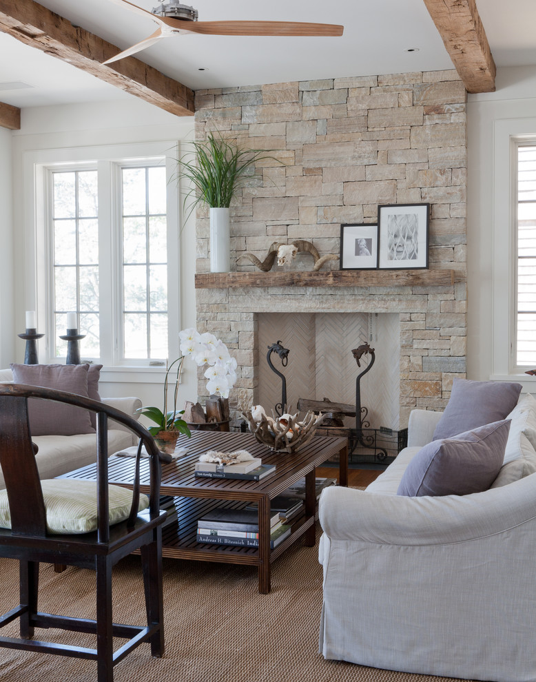 Beach style living room photo in New York