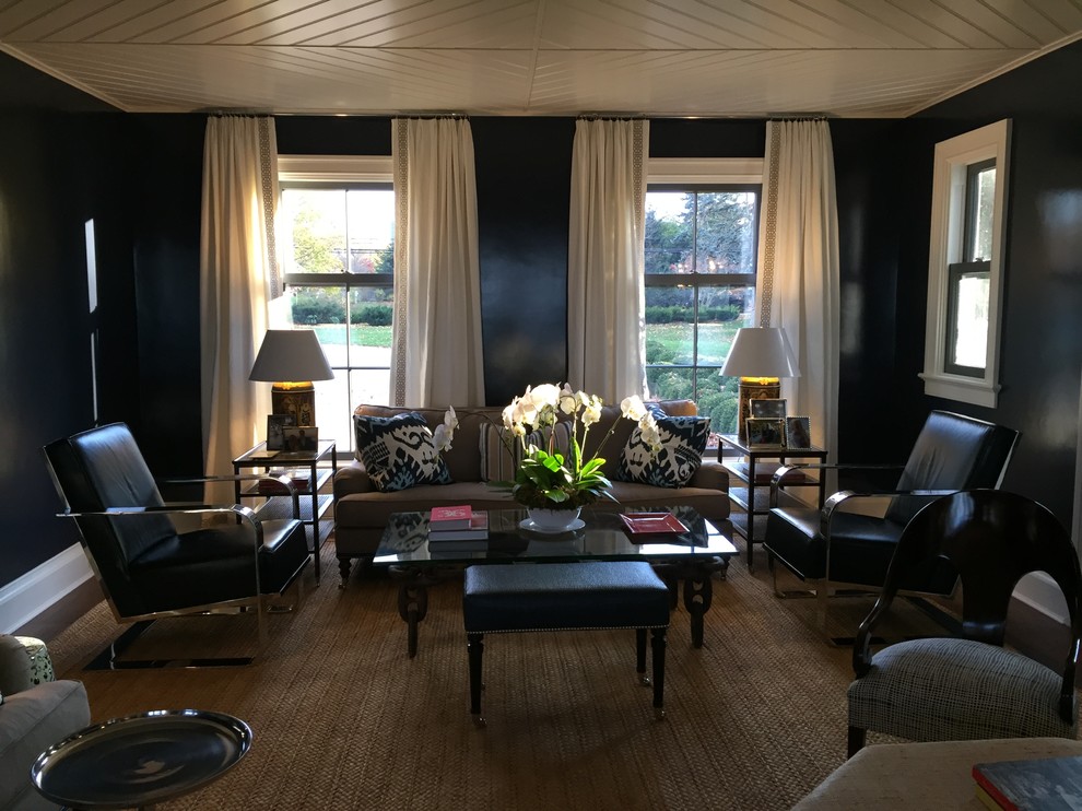 На фото: парадная, открытая гостиная комната среднего размера в стиле неоклассика (современная классика) с синими стенами, темным паркетным полом и коричневым полом без камина, телевизора