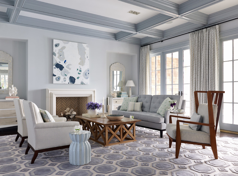 Example of a large beach style formal dark wood floor living room design in Jacksonville with gray walls and a standard fireplace