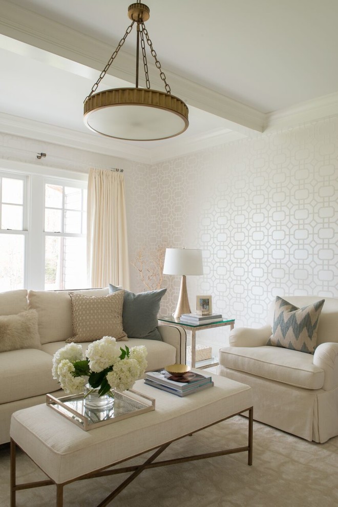Источник вдохновения для домашнего уюта: парадная, изолированная гостиная комната среднего размера в стиле неоклассика (современная классика) с белыми стенами