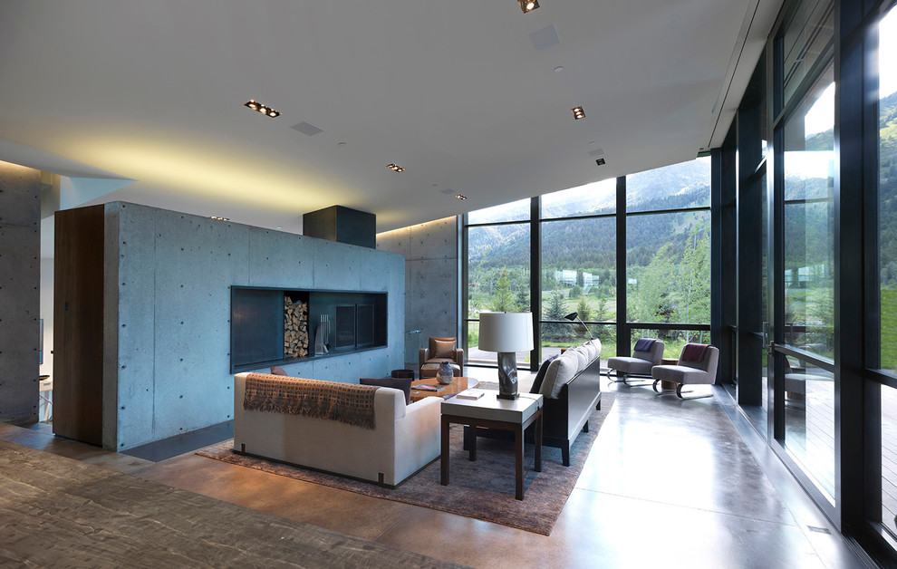 Foto de salón abierto contemporáneo grande sin televisor con paredes blancas, suelo de cemento, estufa de leña, marco de chimenea de metal y suelo marrón