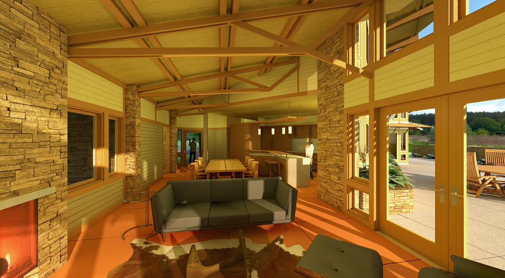 Пример оригинального дизайна: открытая гостиная комната среднего размера в современном стиле с домашним баром, разноцветными стенами, бетонным полом, стандартным камином, фасадом камина из камня, красным полом, балками на потолке и деревянными стенами без телевизора