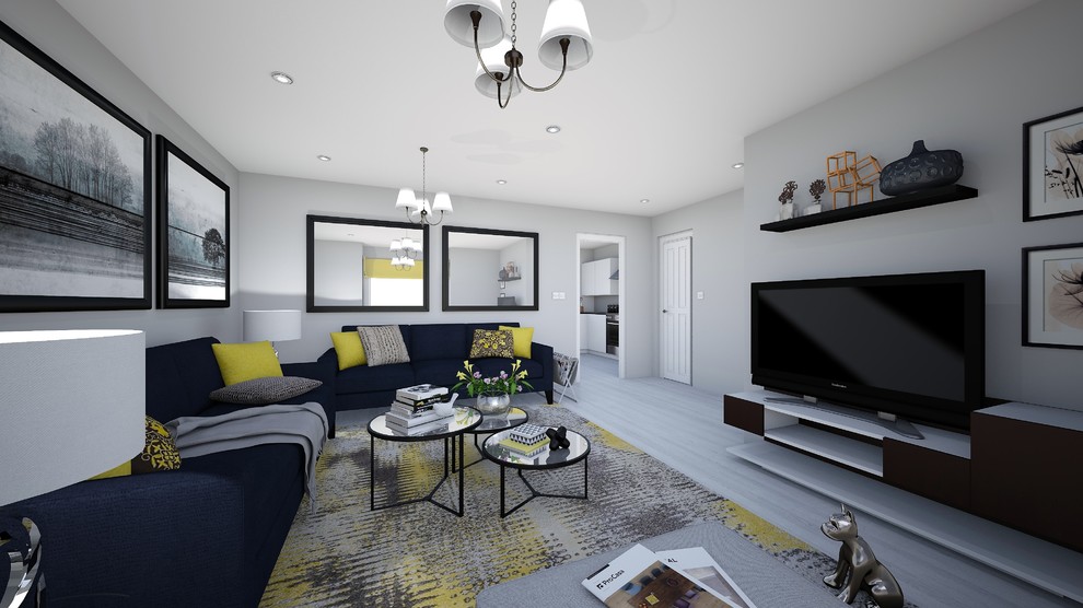 Modelo de salón para visitas abierto contemporáneo de tamaño medio con paredes grises, suelo de madera clara, televisor independiente y suelo gris