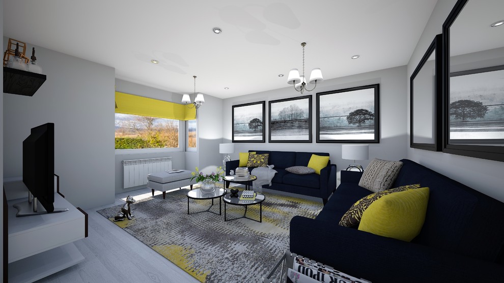 Imagen de salón para visitas abierto actual de tamaño medio con paredes grises, suelo de madera clara, televisor independiente y suelo gris