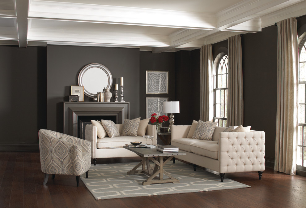 Living room - mid-sized transitional formal dark wood floor and brown floor living room idea in Miami with gray walls, a standard fireplace, a wood fireplace surround and no tv