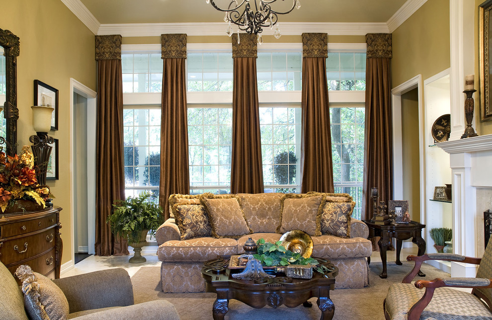 Inspiration for a huge mediterranean formal and open concept carpeted living room remodel in Dallas with a standard fireplace, beige walls and no tv