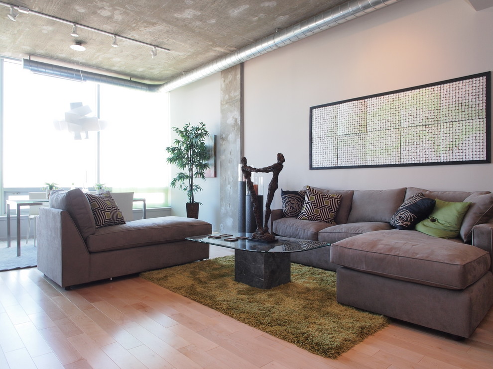 Modelo de salón abierto actual de tamaño medio con paredes grises, suelo de madera clara, televisor colgado en la pared y suelo marrón