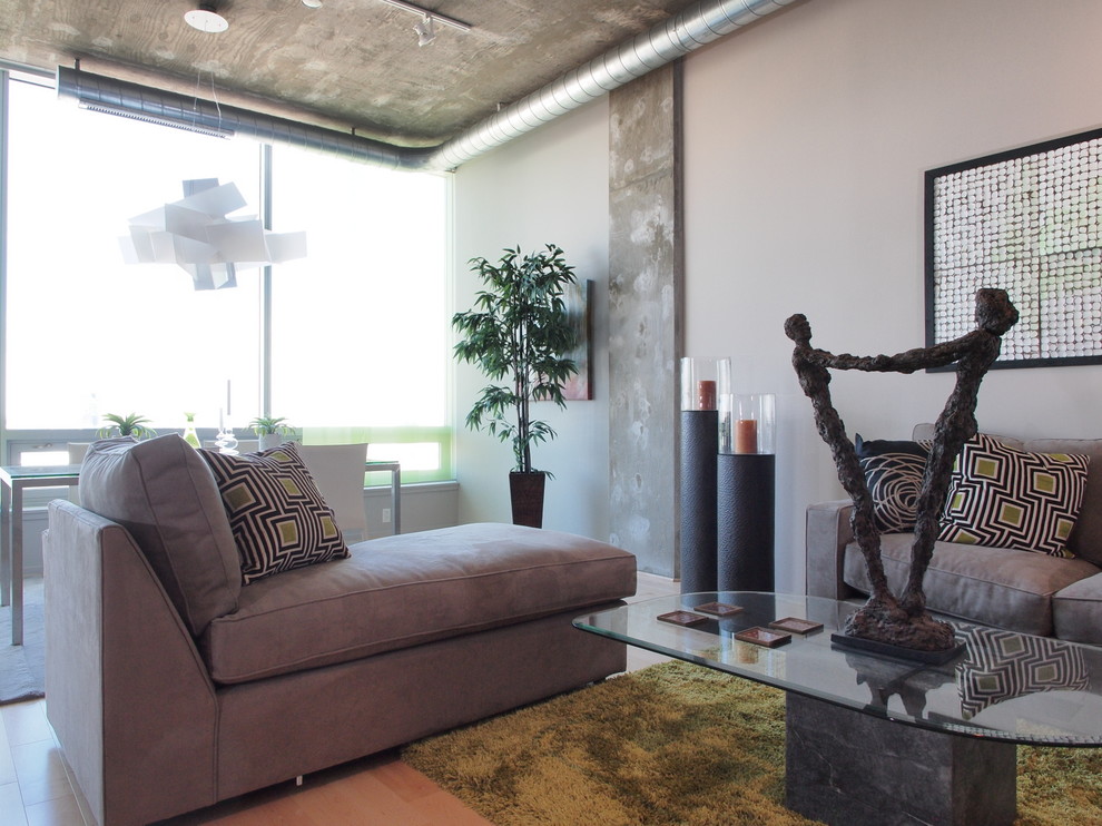 Mittelgroßes, Offenes Modernes Wohnzimmer mit grauer Wandfarbe, hellem Holzboden und beigem Boden in Baltimore