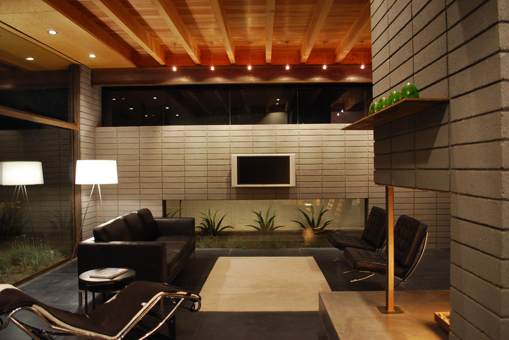 Ispirazione per un piccolo soggiorno minimalista aperto con pareti grigie, pavimento in cemento, cornice del camino in cemento e TV a parete