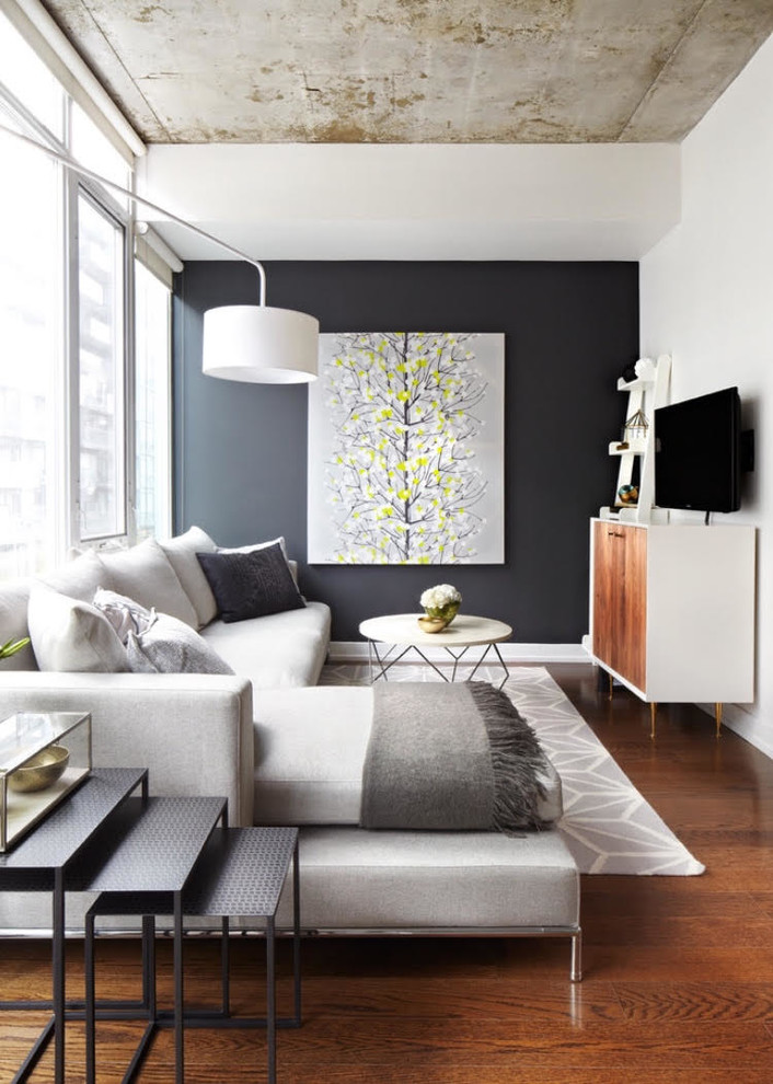 Imagen de salón tipo loft minimalista pequeño sin chimenea con paredes blancas, suelo de madera en tonos medios, televisor colgado en la pared y suelo marrón