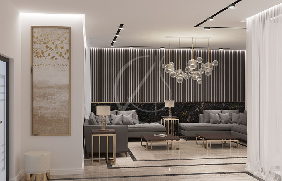 Modelo de salón para visitas cerrado minimalista de tamaño medio con paredes multicolor, suelo de mármol y suelo beige