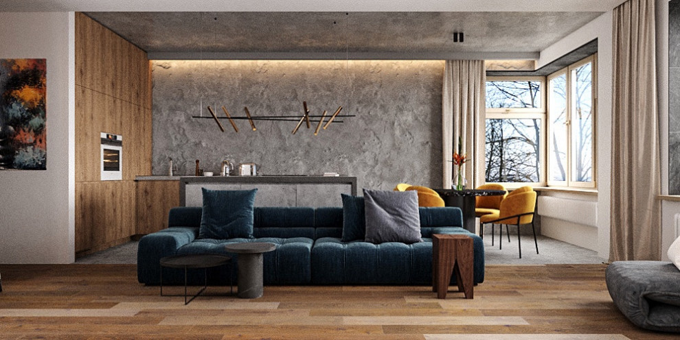 Offenes Industrial Wohnzimmer ohne Kamin mit grauer Wandfarbe, braunem Holzboden, TV-Wand, gelbem Boden und eingelassener Decke