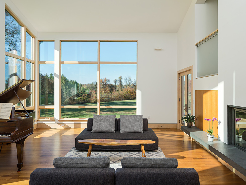 Imagen de salón abierto actual con paredes blancas, suelo de madera clara, todas las chimeneas, marco de chimenea de yeso y televisor retractable
