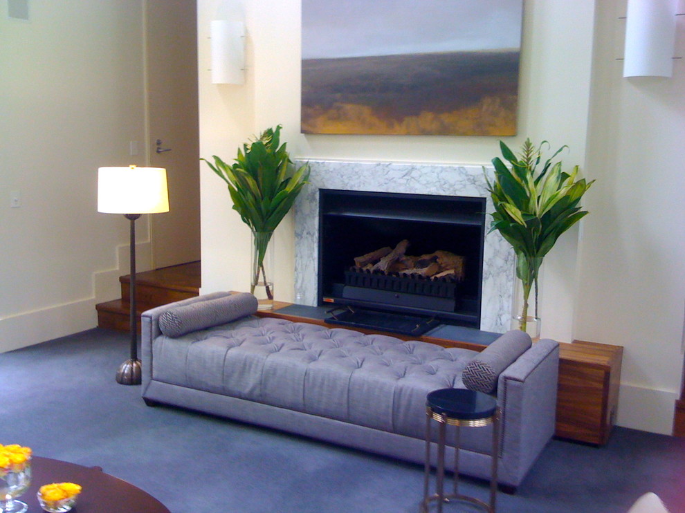 メルボルンにある高級な広いコンテンポラリースタイルのおしゃれなリビング (ベージュの壁、カーペット敷き、標準型暖炉、石材の暖炉まわり、青い床) の写真