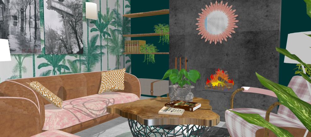 Inspiration for a medium sized retro enclosed living room in Buckinghamshire with green walls, concrete flooring, a concrete fireplace surround, grey floors and wallpapered walls.