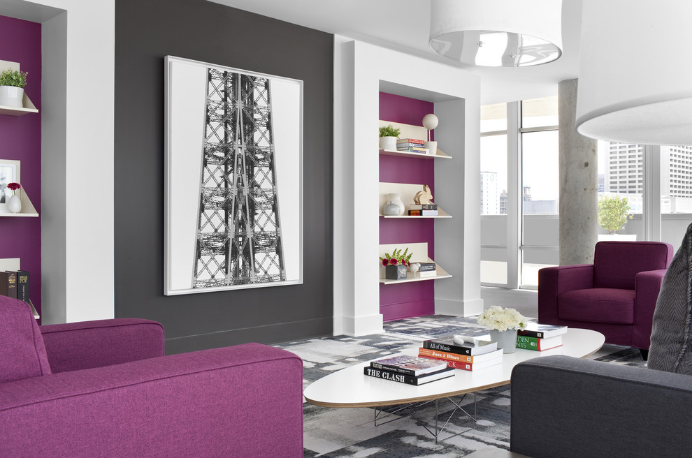 Inspiration for a large contemporary living room remodel in Atlanta with pink walls