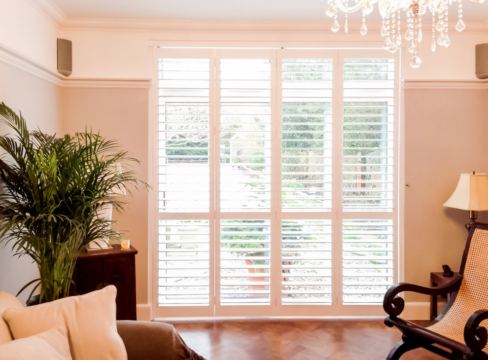 Sliding Patio Door Interior Shutters Traditional Living Room