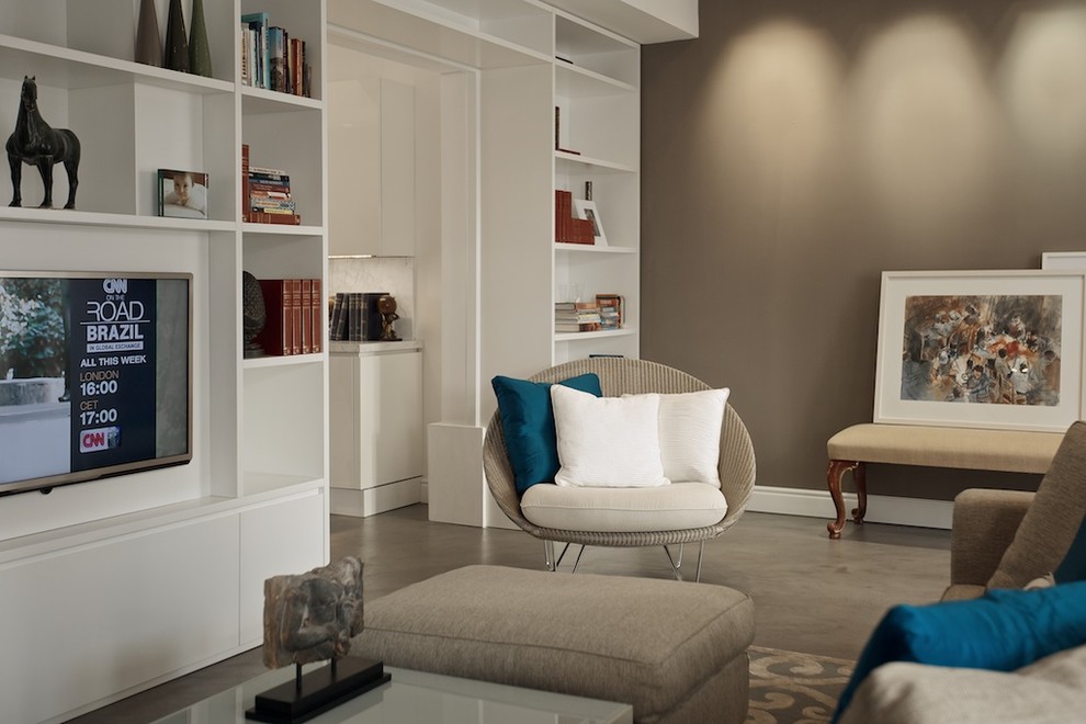 Inspiration for a medium sized contemporary open plan living room in Other with a reading nook, brown walls, a corner fireplace, concrete flooring and a built-in media unit.